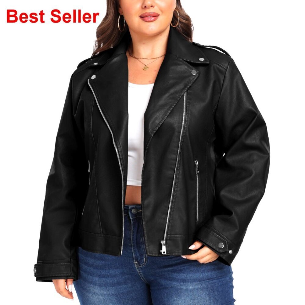 Plus Size Faux Leather Moto Jacket with Lapel Collar